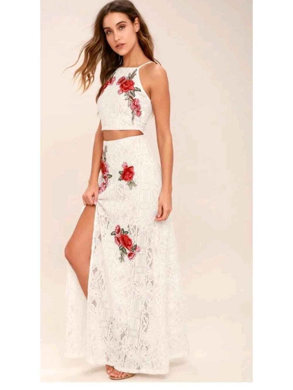 Lulus Breathtaking Moments White Lace 2 Piece Maxi Set Red Floral Embroidered M